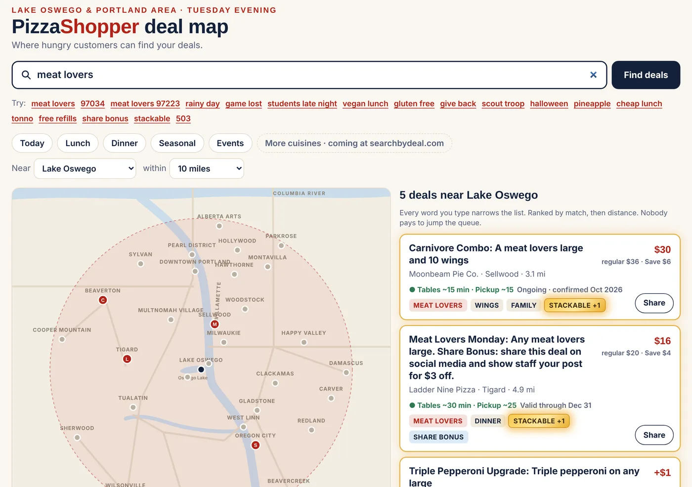 The PizzaShopper deal map: a search for meat lovers near Lake Oswego shows matching deals on a map and in a list, with wait times and prices